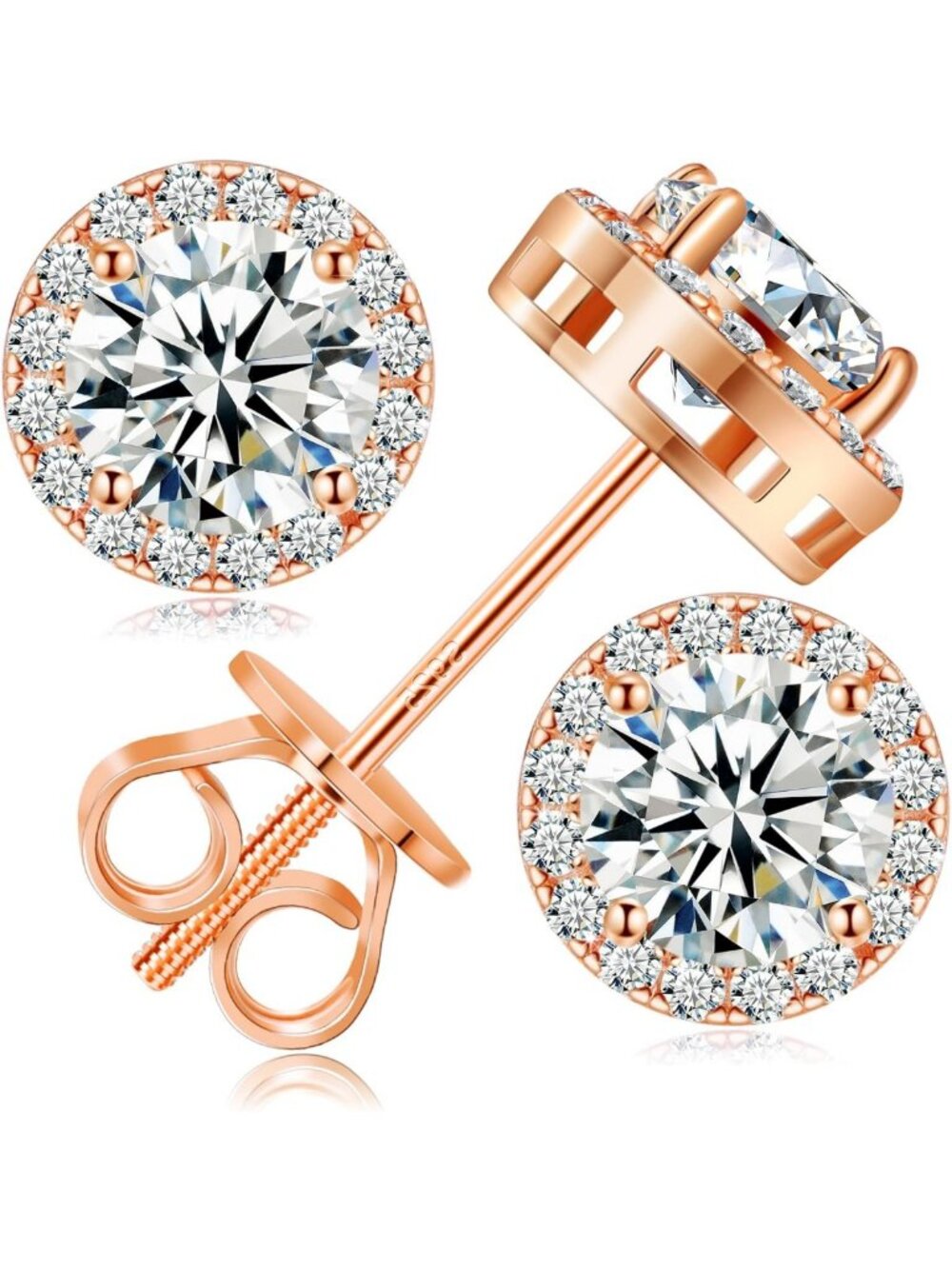 Brilliant Moissanite Halo Stud Earrings, 18K White Gold Plated, Screw Back